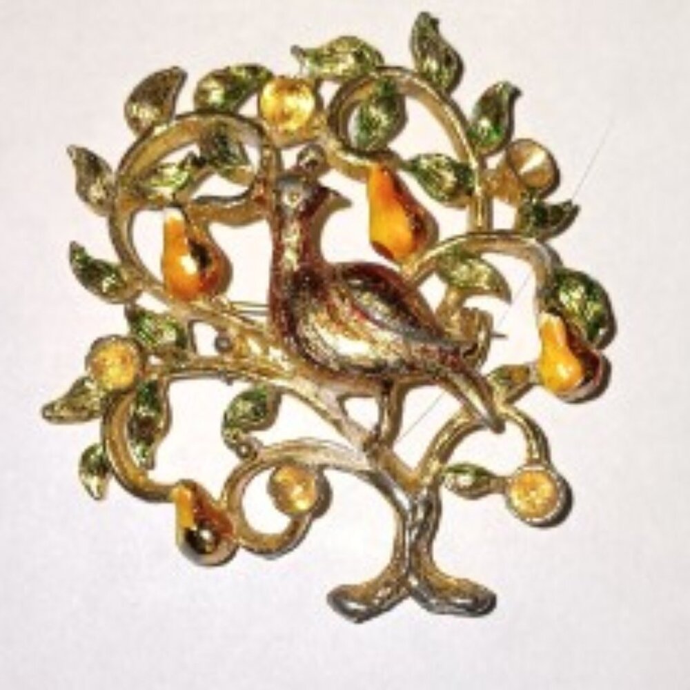 Colorful Enamel Partridge in a Pear Tree Vintage Holiday Brooch